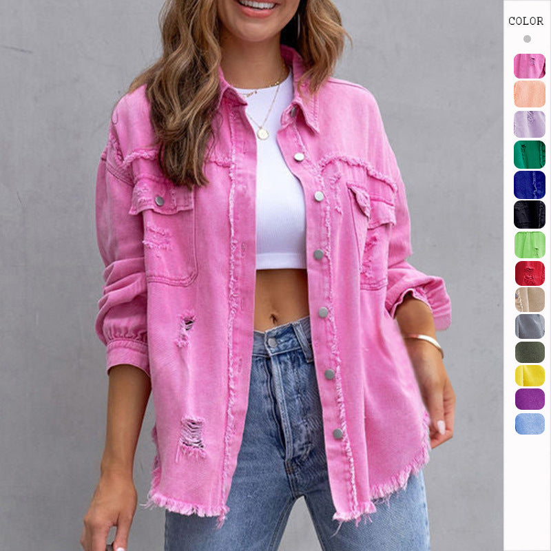 Fashion Ripped Shirt Jacket Female Autumn And Spring Casual Tops Womens Clothing - Zalixer