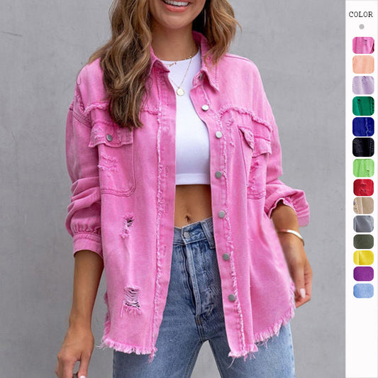 Fashion Ripped Shirt Jacket Female Autumn And Spring Casual Tops Womens Clothing - Zalixer