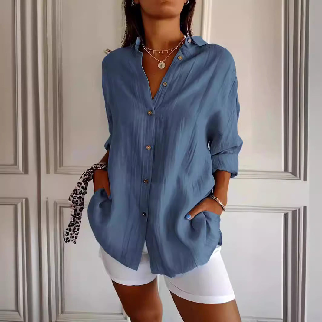 Lapel Long Sleeve Shirt Women's Single-breasted Pleated Shirt Tops Clothing - Zalixer