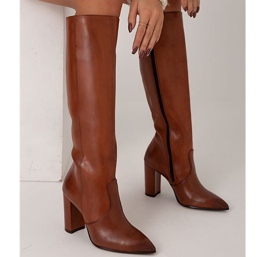 Womens Stylish High Heeled Pointed Toe Side Zip Thigh High Boots - Zalixer
