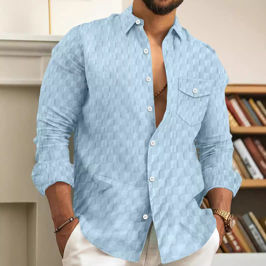 Men's Plaid Jacquard Chest Pocket Lapels Long Sleeve Lapel Shirt - Zalixer