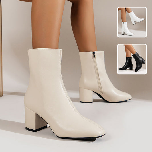 Chunky Heel Pointed Toe Boots With Side Zipper Fashion Mid-calf Boot For Women Shoes - Zalixer