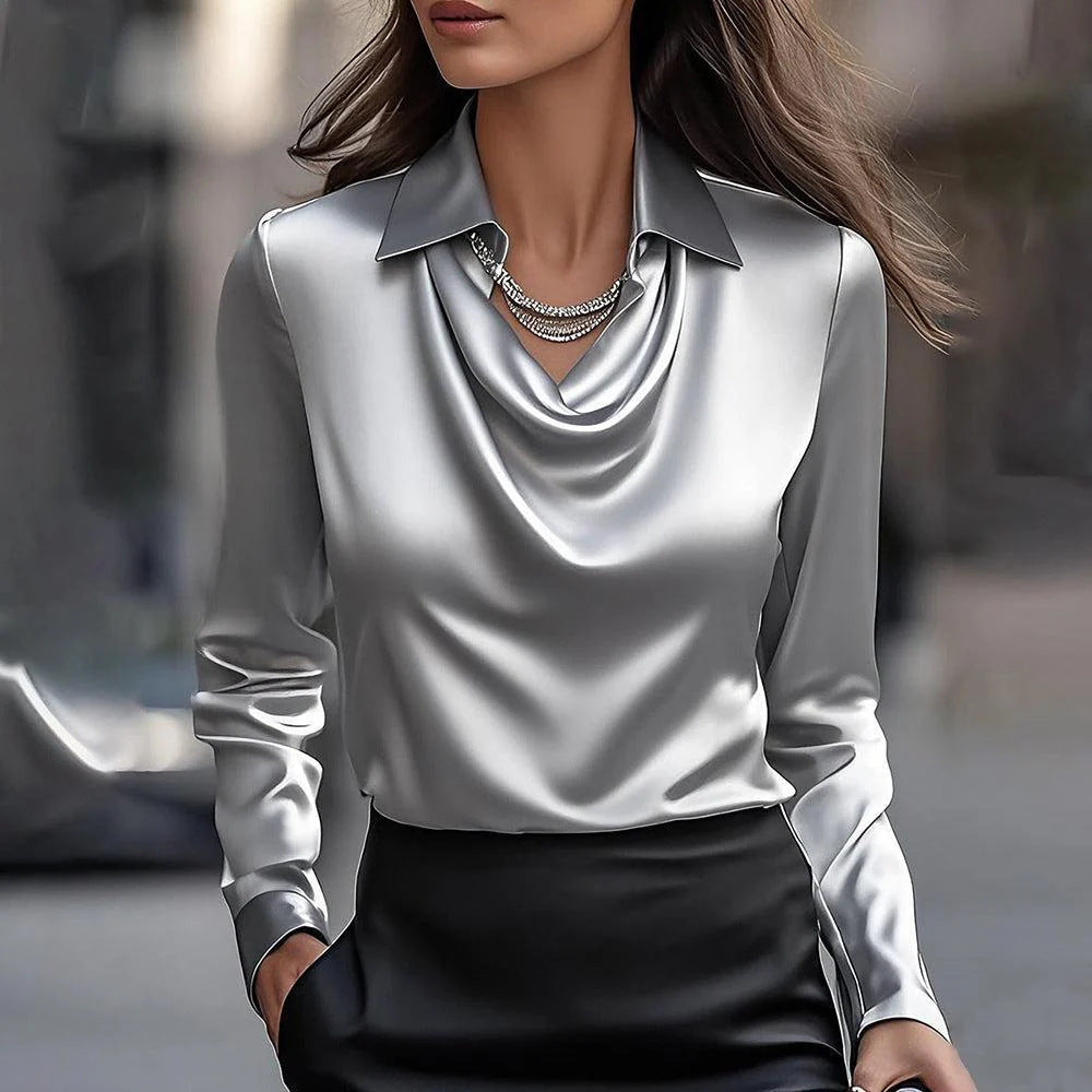 Women's Swing Collar Draped Shirts & Blouses Elegant Solid Satin Office Ladies Top Pullover Spring Long Sleeve Casual Tops - Zalixer