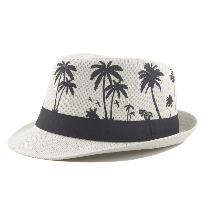 Palm Print Coconut Pattern Curled Straw Hat - Zalixer
