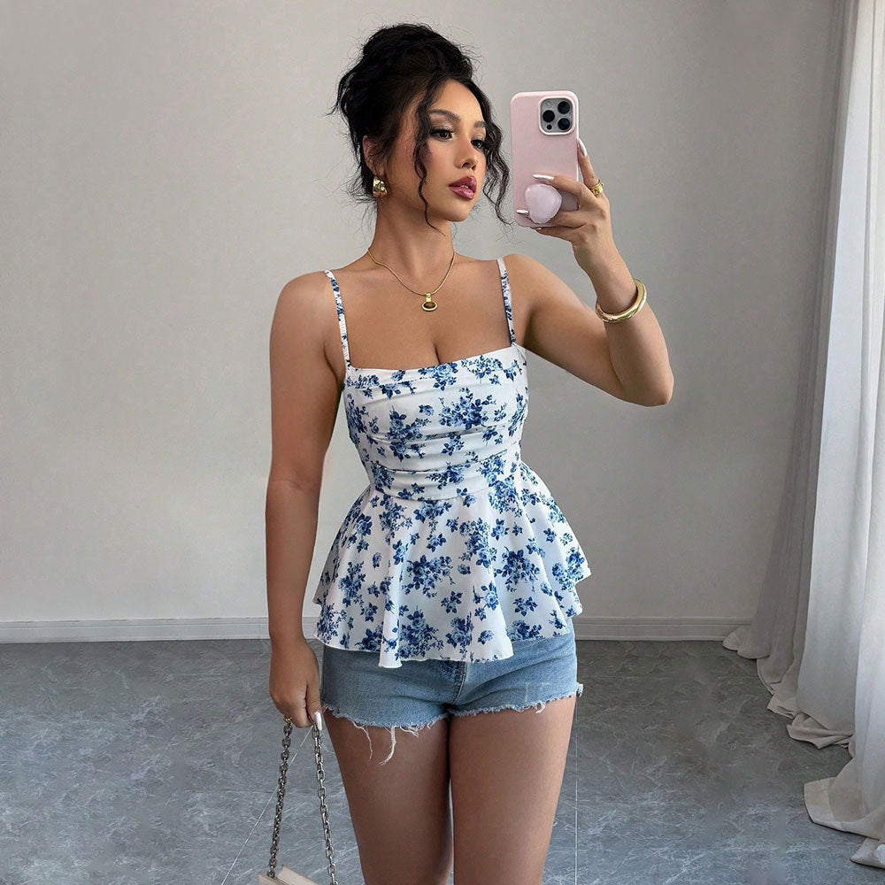 Women's Fashion Sexy Camisole Temperament Slim Design Floral Sleeveless Top - Zalixer
