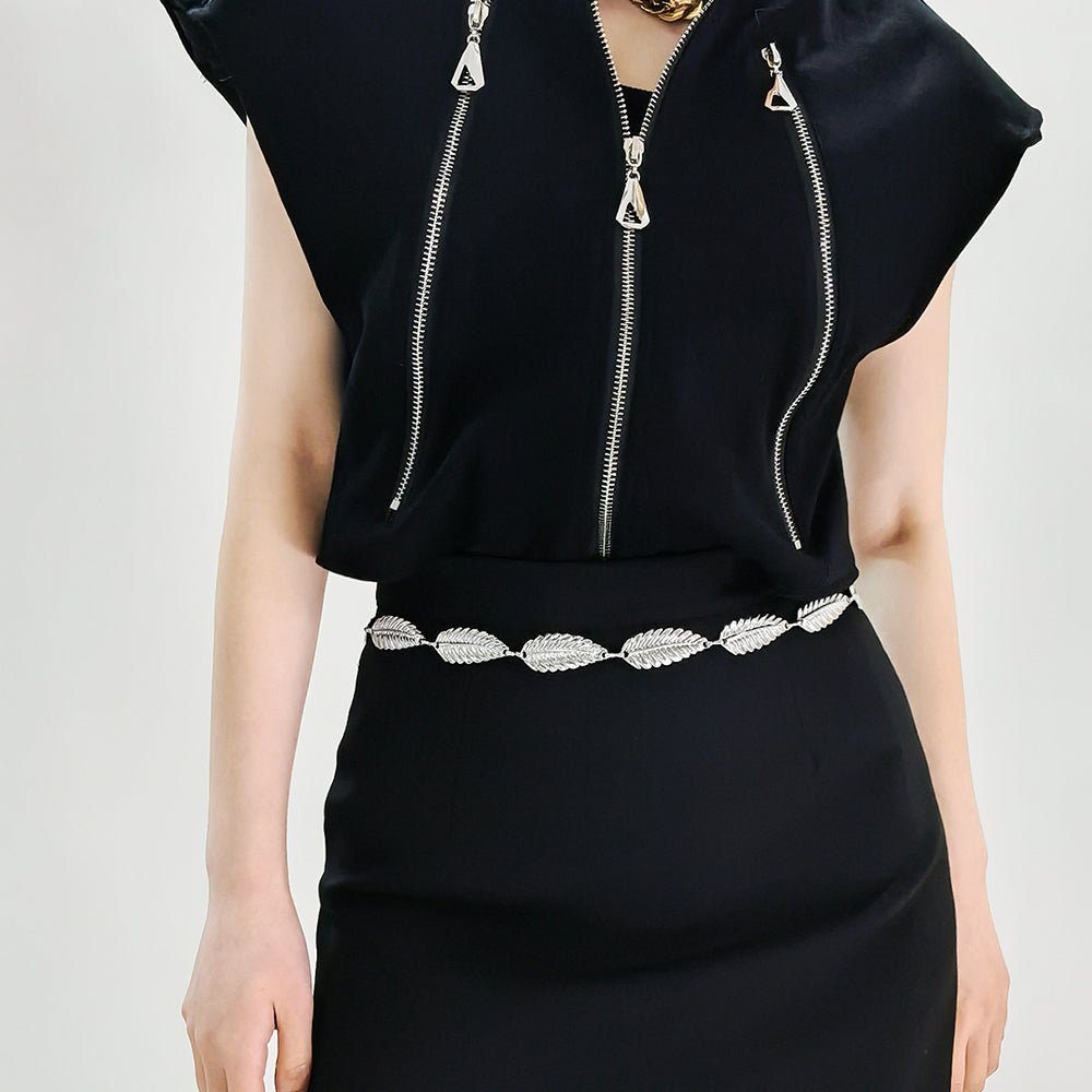 Metallic Silver Women's Waist Chain Feather Leaves Everything Dress Shirt Chain Simple Accessories - Zalixer