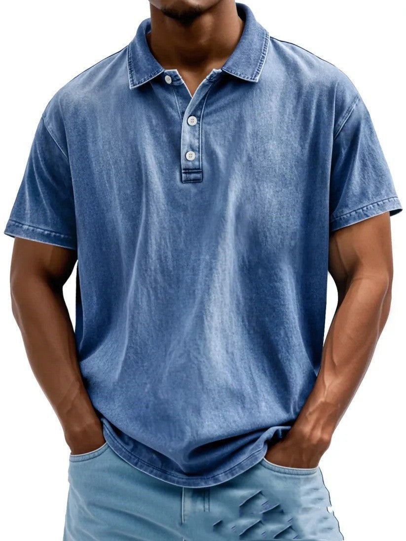 Men's Fashion Retro Washed Distressed Cotton Lapel Short Sleeve