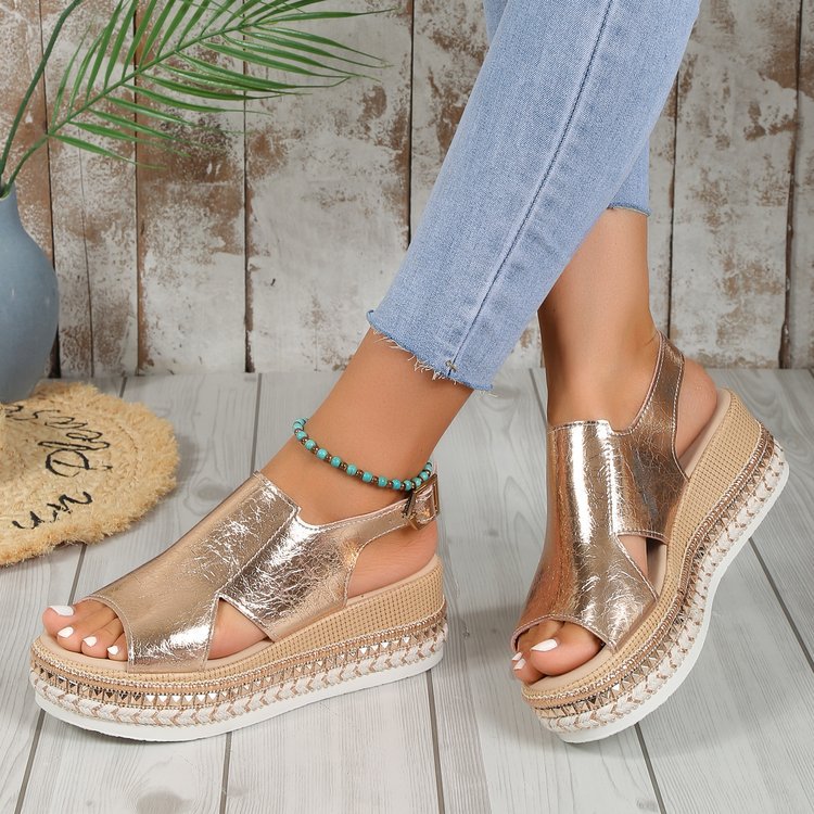 Summer Shiny Sandals Hollow Design Fish Mouth Sandal For Women Fashion Buckle Wedges Shoes - Zalixer