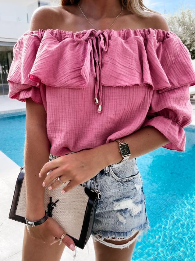 One Word Collar Fashion Solid Color Sexy Short Sleeve Shirt