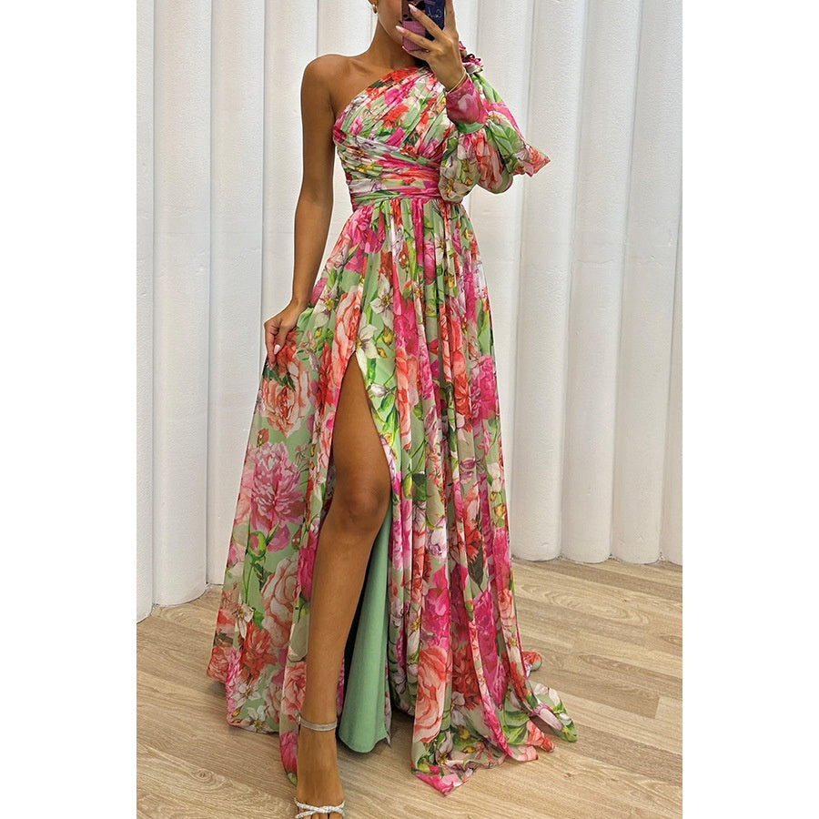 Floral Print Split Maxi Dress Fashion Sexy One-Shoulder Long-Sleeved Dresses Summer Beach Clothing For Women - Zalixer