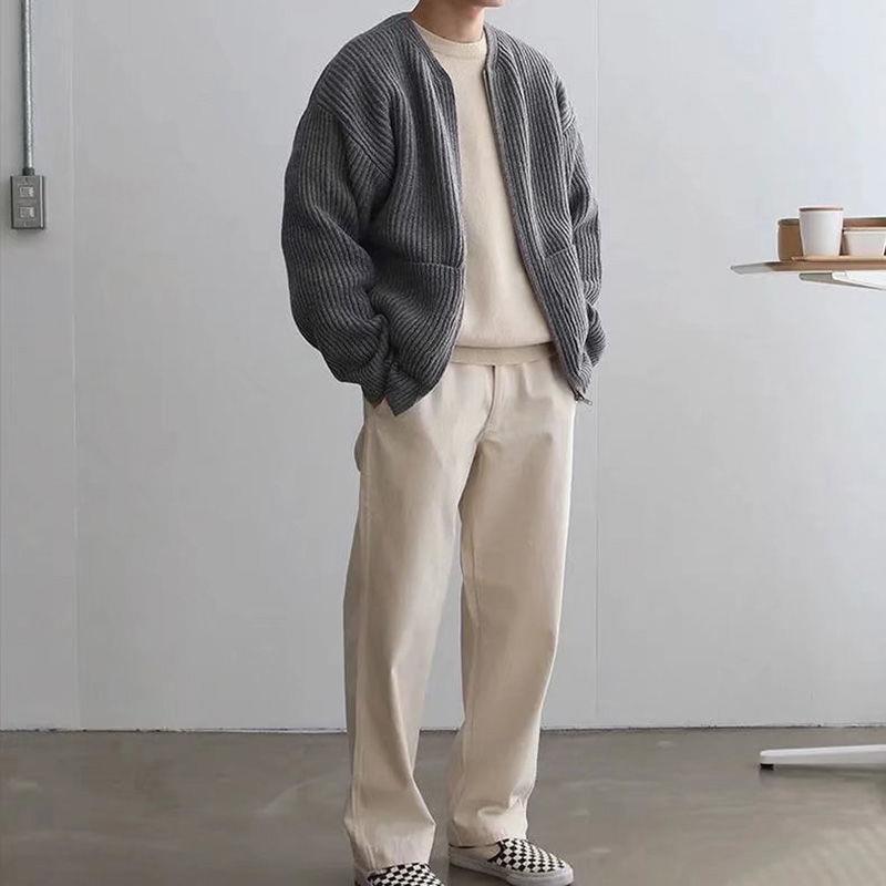 Men Zip Up Knitted Cardigan Lined Funnel Neck Jumper Sweater Pockets Coat All Seasons Comfortable Soft Long Sleeve - Zalixer