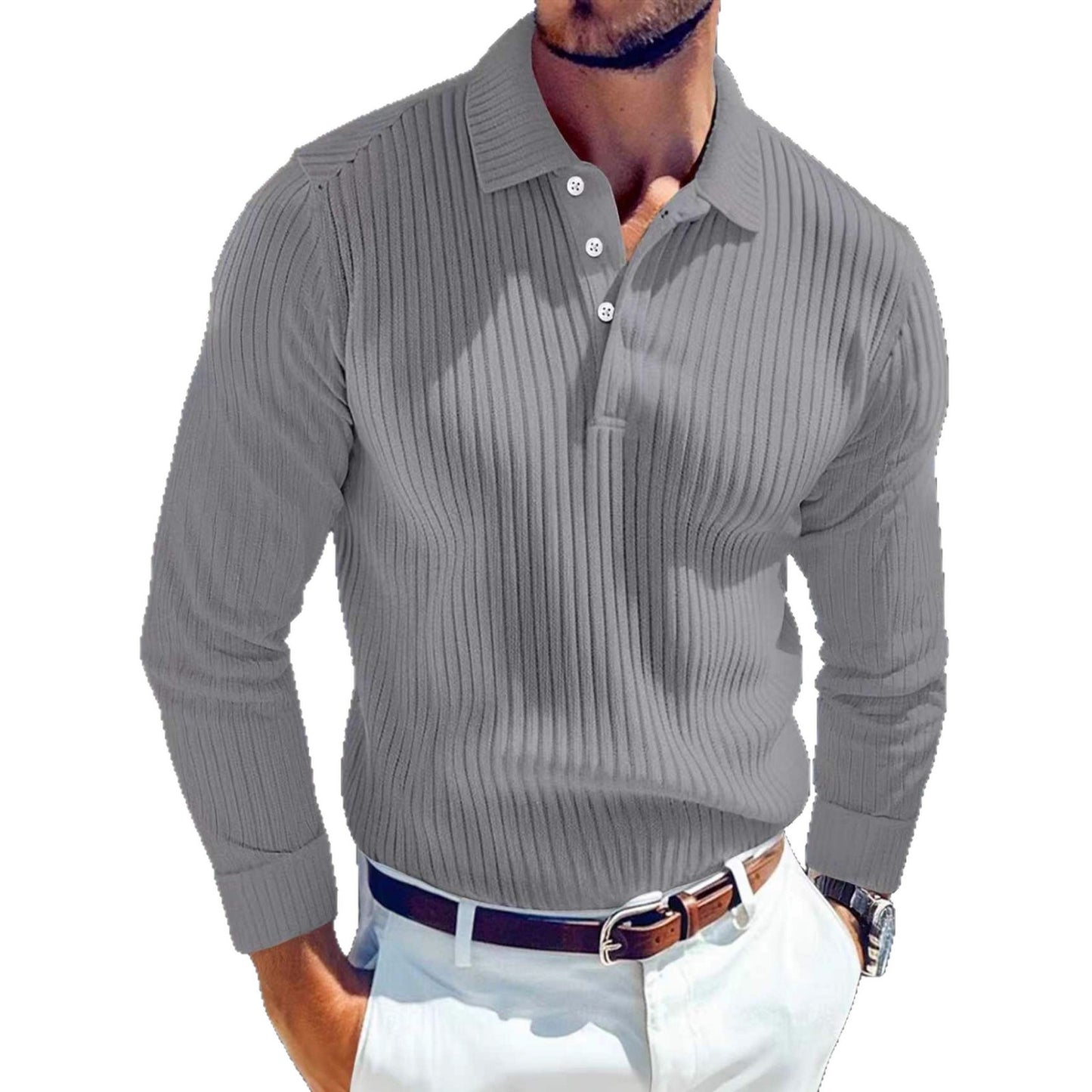 Men's Polo T-shirt With A Turn-down Collar Spring Summer Business Buttoned Long-sleeve Sports Retro Style Striped Polo Shirt For Daily Wear - Zalixer
