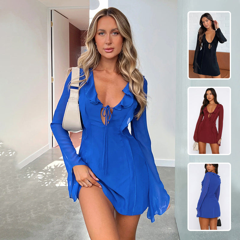 Sexy Ruffled V-neck Lace-up Long-sleeved Dress Fashion Y2K Skirt Slim Hip-covering Short Dresses For Womens Clothing - Zalixer