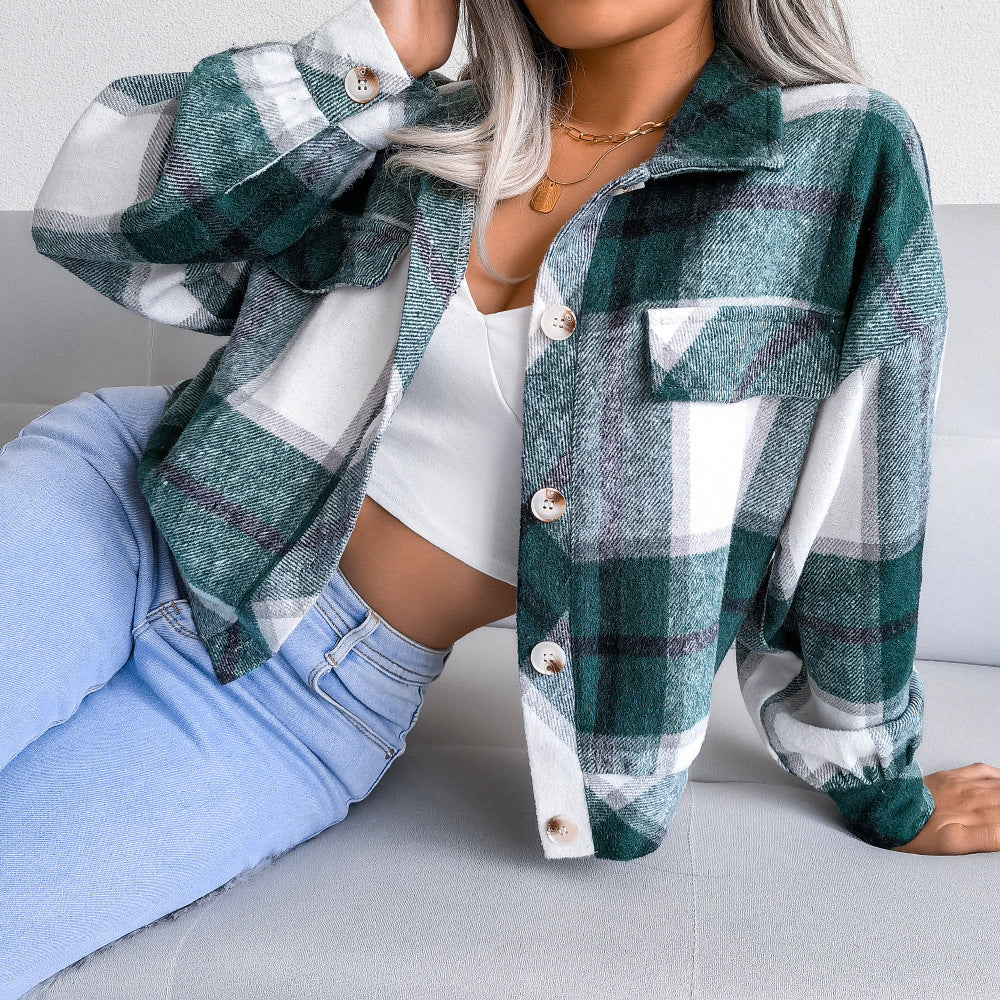 Plaid Lapel Cropped Jacket Fashion Loose Button Long Sleeve Short Outwear Tops Coat For Womens Clothing - Zalixer
