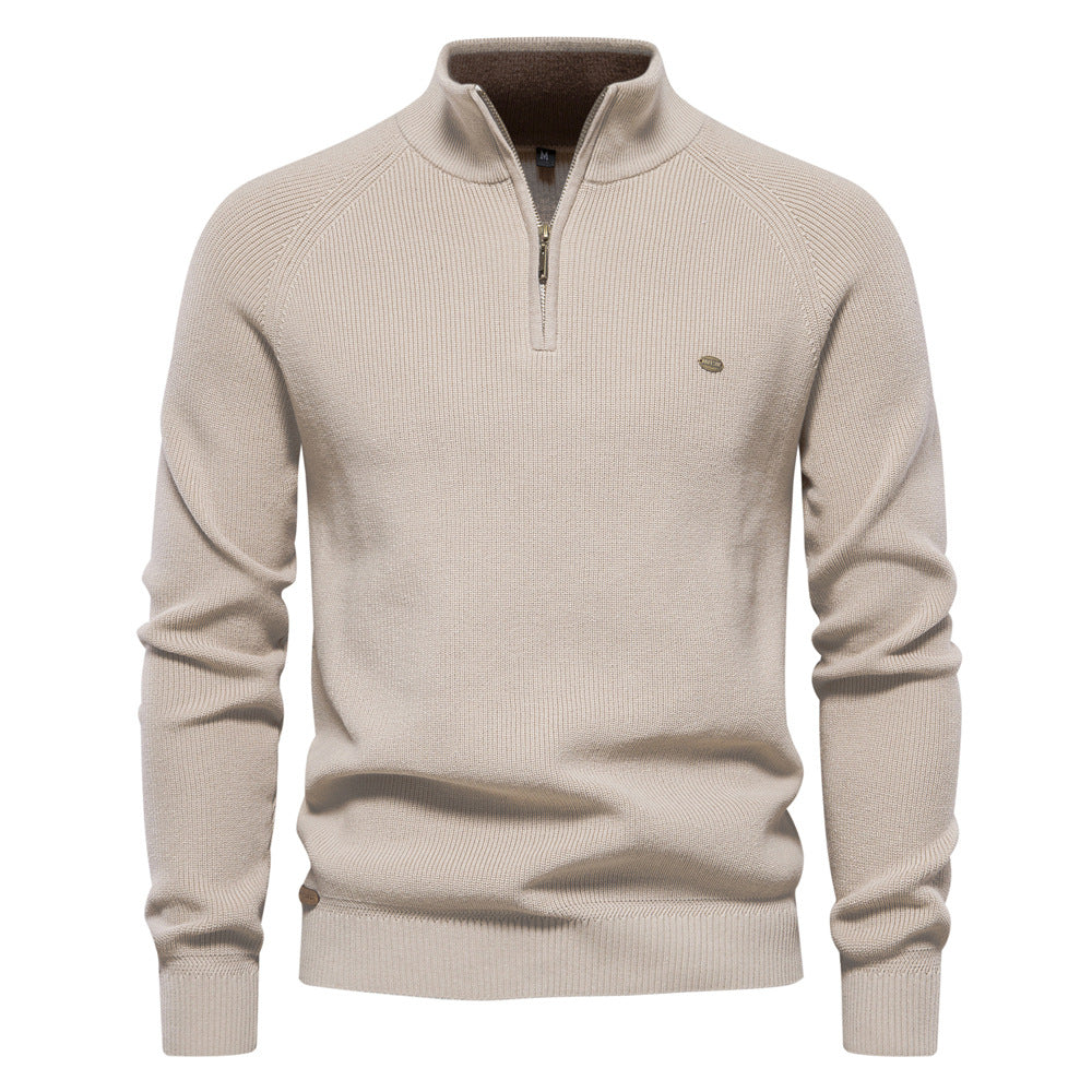 Men's Zipper Stand Collar Knitted Sweater Fashion Slim Solid Color Long Sleeve Half Turtleneck Top Men's Clothing