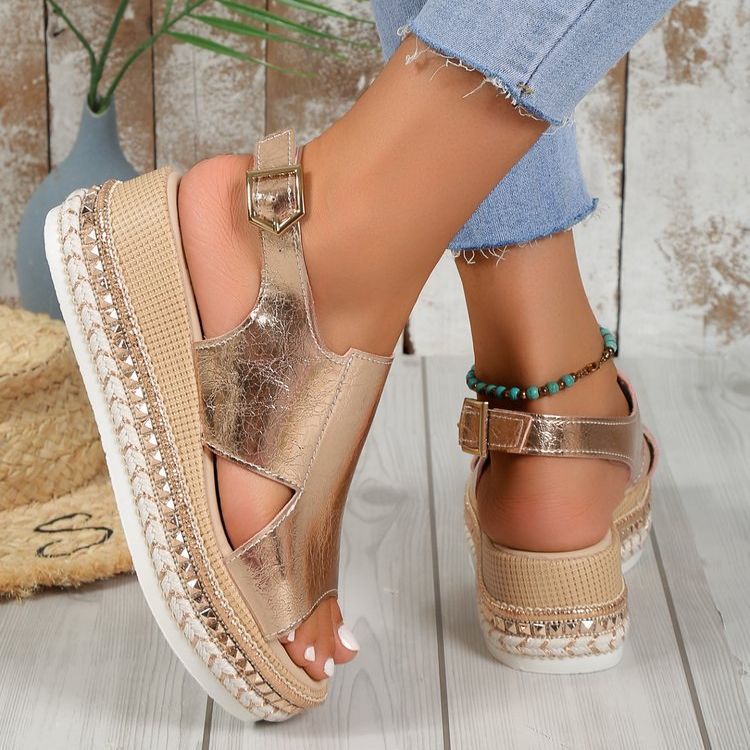 Summer Shiny Sandals Hollow Design Fish Mouth Sandal For Women Fashion Buckle Wedges Shoes - Zalixer