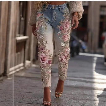 Womens Colorful Floral Loose-fit Jeans - Zalixer