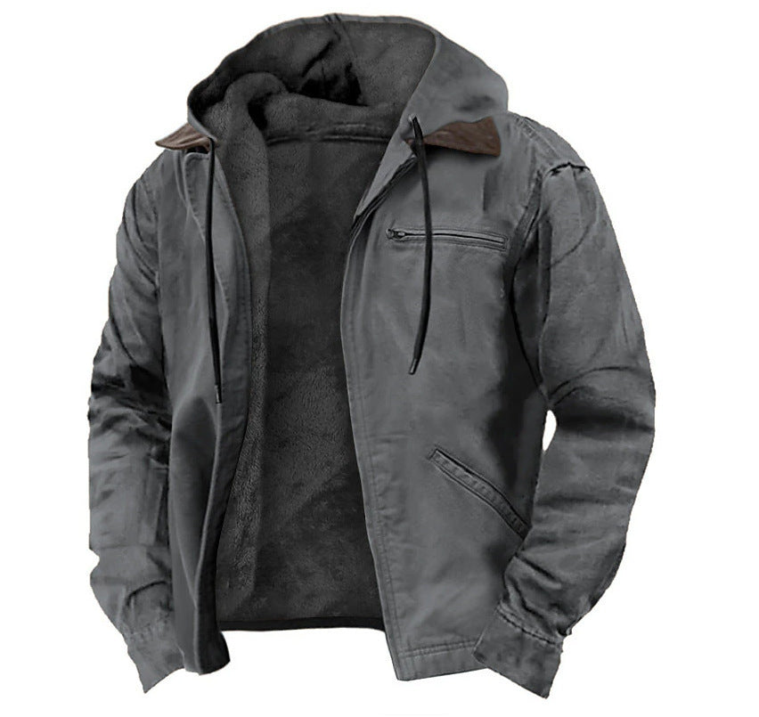 Winter Hooded Coat With Pockets Warm Fleece Men's Casual Outerwear Zip-up Jacket