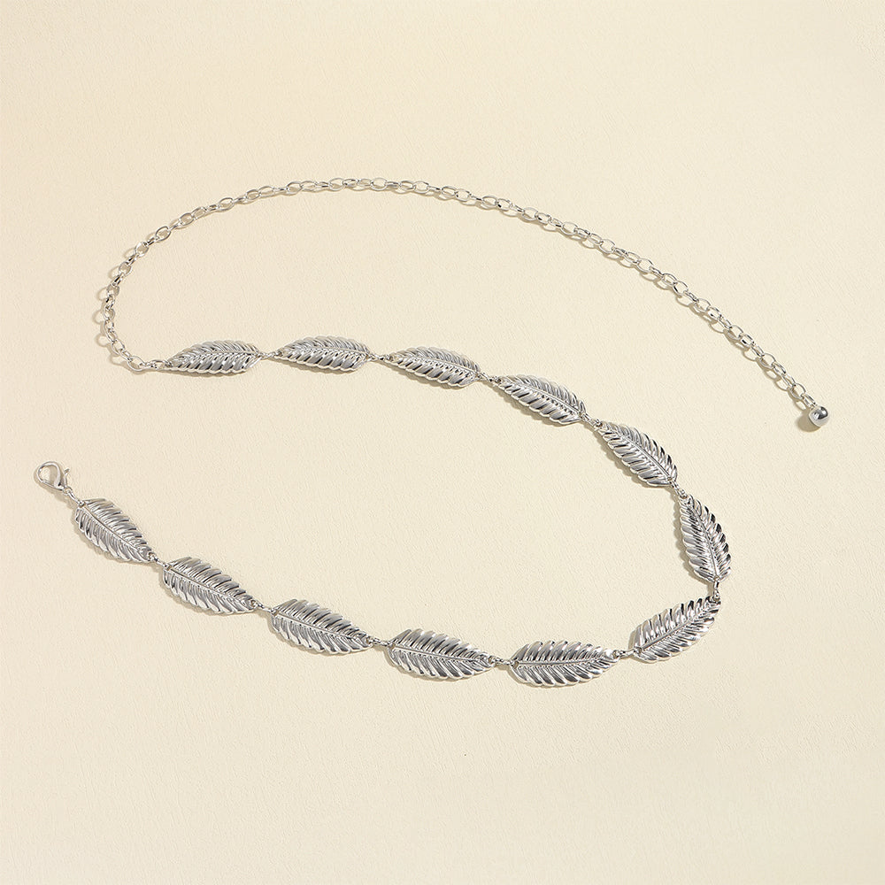 Metallic Silver Women's Waist Chain Feather Leaves Everything Dress Shirt Chain Simple Accessories - Zalixer