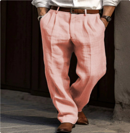 Men's Linen Trousers Double Pleated Front Pocket Straight Pure Color Comfort Breathable Casual