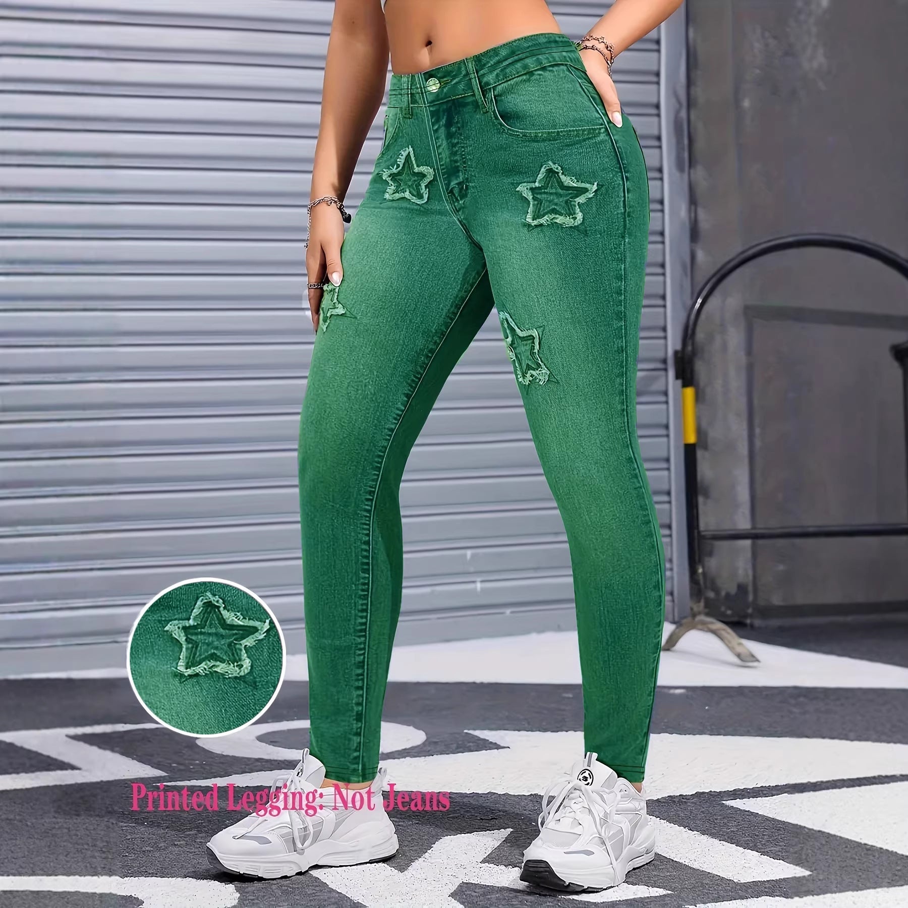 Womens Denim-Style Star Pants  Bootcut Leggings - Zalixer