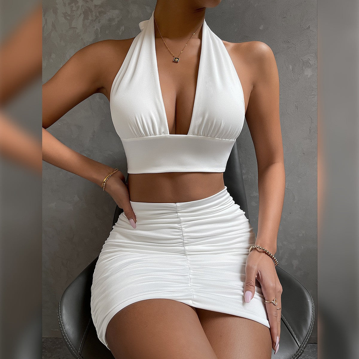 2pcs Dress Suits For Women Halter Lace-up Hip Top And Pleated Hip-covering Skirt - Zalixer