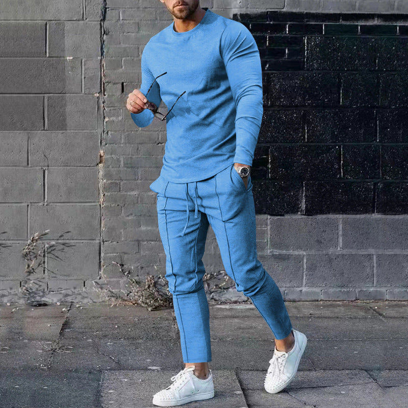 Men's Long-Sleeved Suit Slim Crew Neck Pullover T-shirt And Pockets Drawstring Pencil Pants Casual Trousers Set - Zalixer