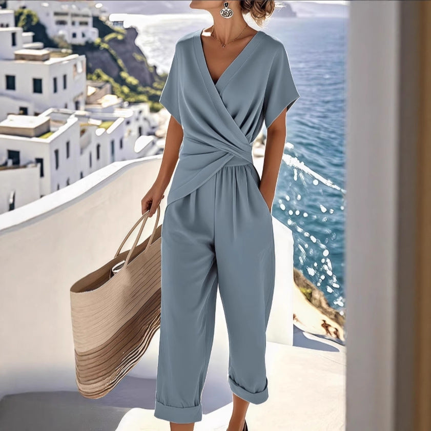 Women's Two Pieces Set Fashion Solid Color Irregular Short Sleeve Suit Summer Fashion V Neck Slim Office Suit Casual Pleated Irregular Top and Pants Outfit - Zalixer