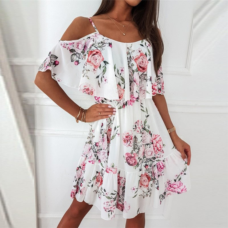 Flower Printed Ruffled Suspender Dress Summer Off-the-shoulder Strap Dresses Women - Zalixer