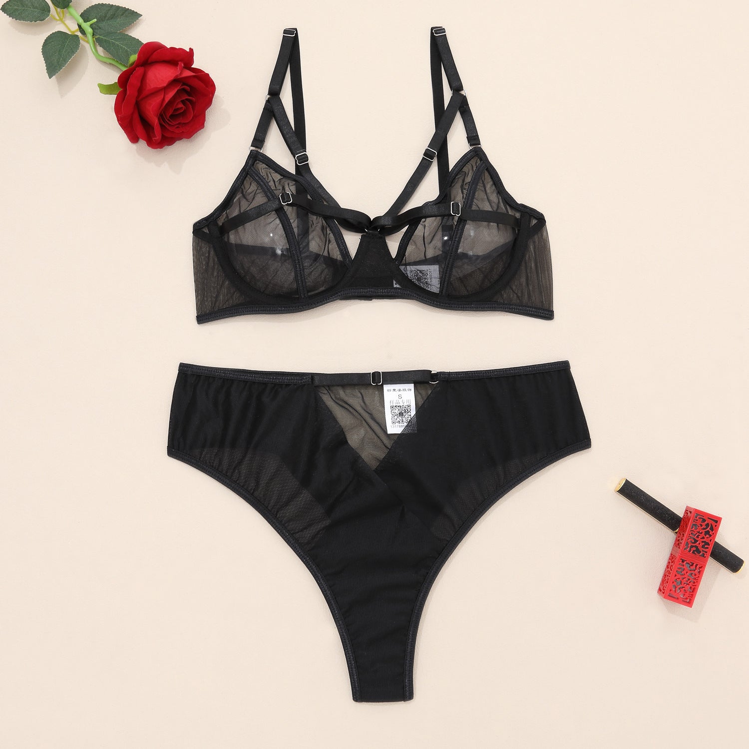 Black Mesh See-through Hollow Steel Ring Bra Panties Set - Zalixer