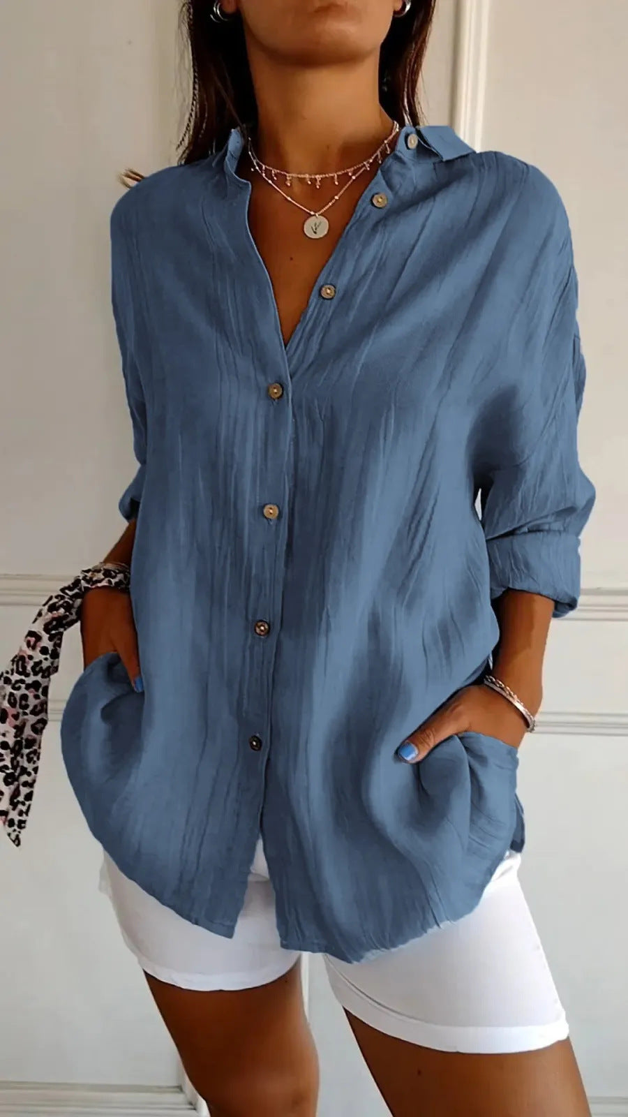 Lapel Long Sleeve Shirt Women's Single-breasted Pleated Shirt Tops Clothing - Zalixer