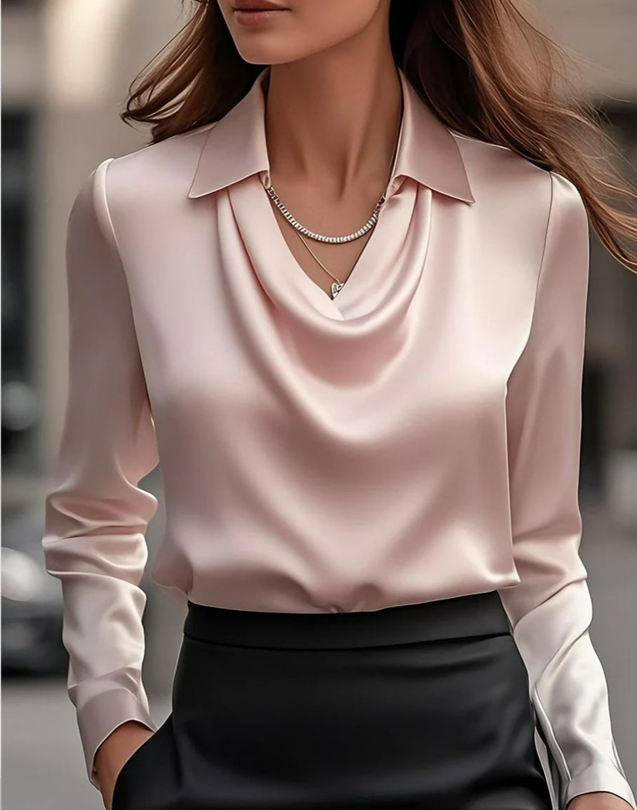 Women's Swing Collar Draped Shirts & Blouses Elegant Solid Satin Office Ladies Top Pullover Spring Long Sleeve Casual Tops - Zalixer