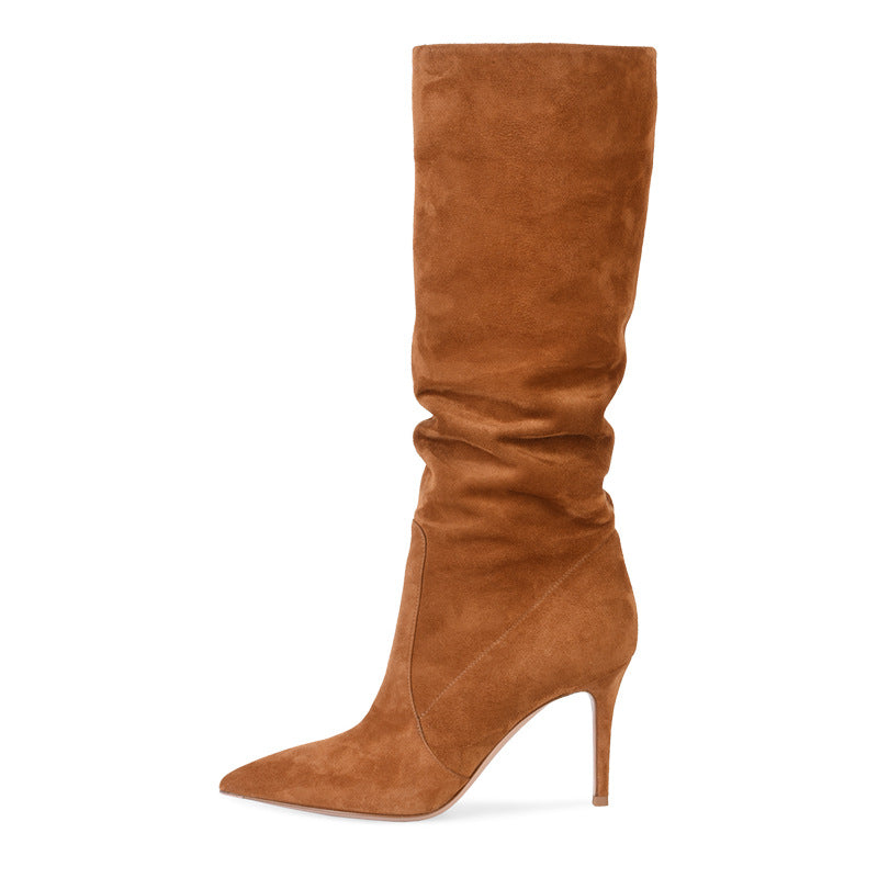 Pointed Suede Brown Stiletto Heel Fashion Mid Tube Knee Length Womens Boots - Zalixer