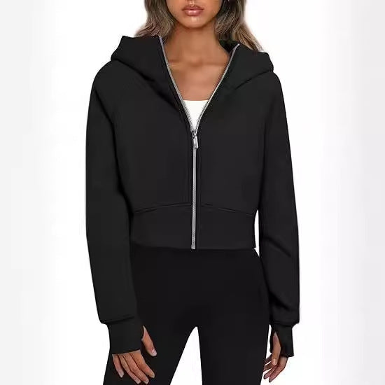 Casual Zippered Hooded Sweatshirt Fleece Sport Cardigan Fashion Hoodies Short Tops Womens Clothing - Zalixer