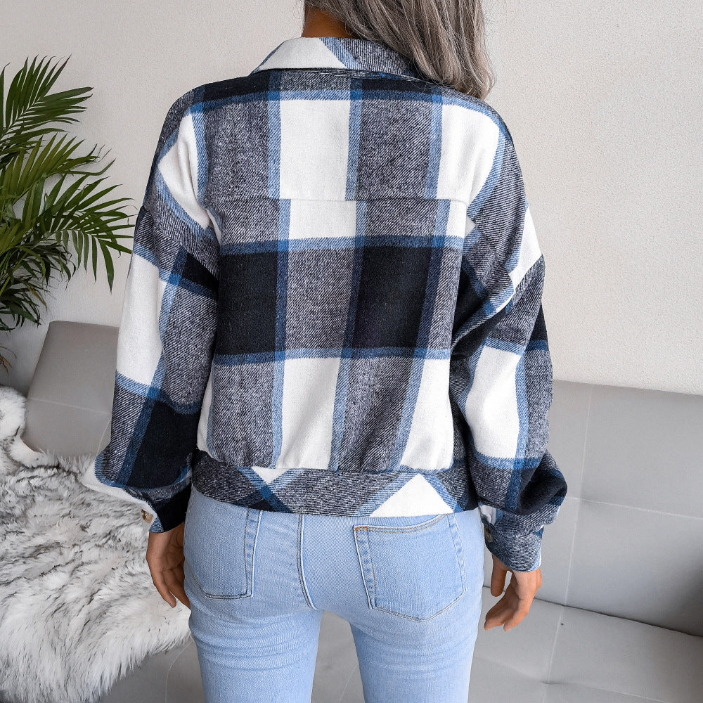 Plaid Lapel Cropped Jacket Fashion Loose Button Long Sleeve Short Outwear Tops Coat For Womens Clothing - Zalixer
