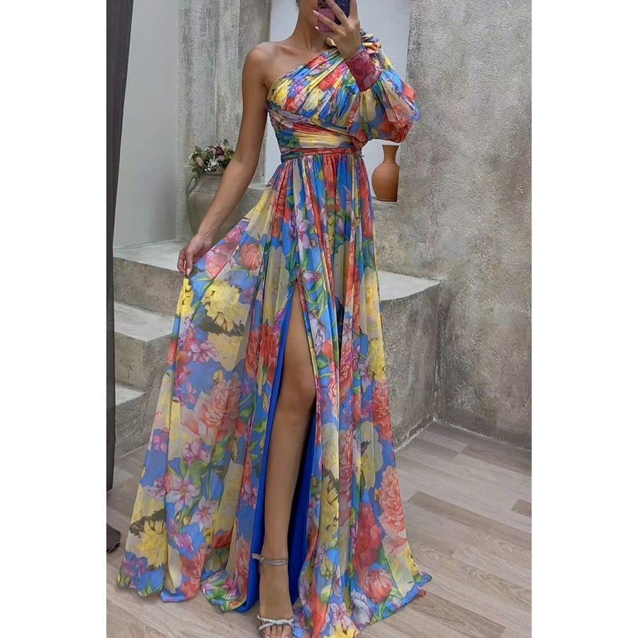 Floral Print Split Maxi Dress Fashion Sexy One-Shoulder Long-Sleeved Dresses Summer Beach Clothing For Women - Zalixer