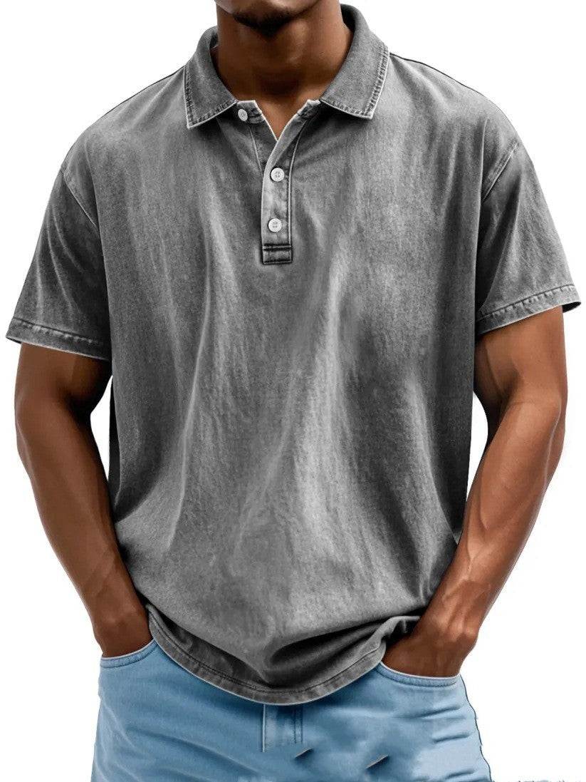 Men's Fashion Retro Washed Distressed Cotton Lapel Short Sleeve