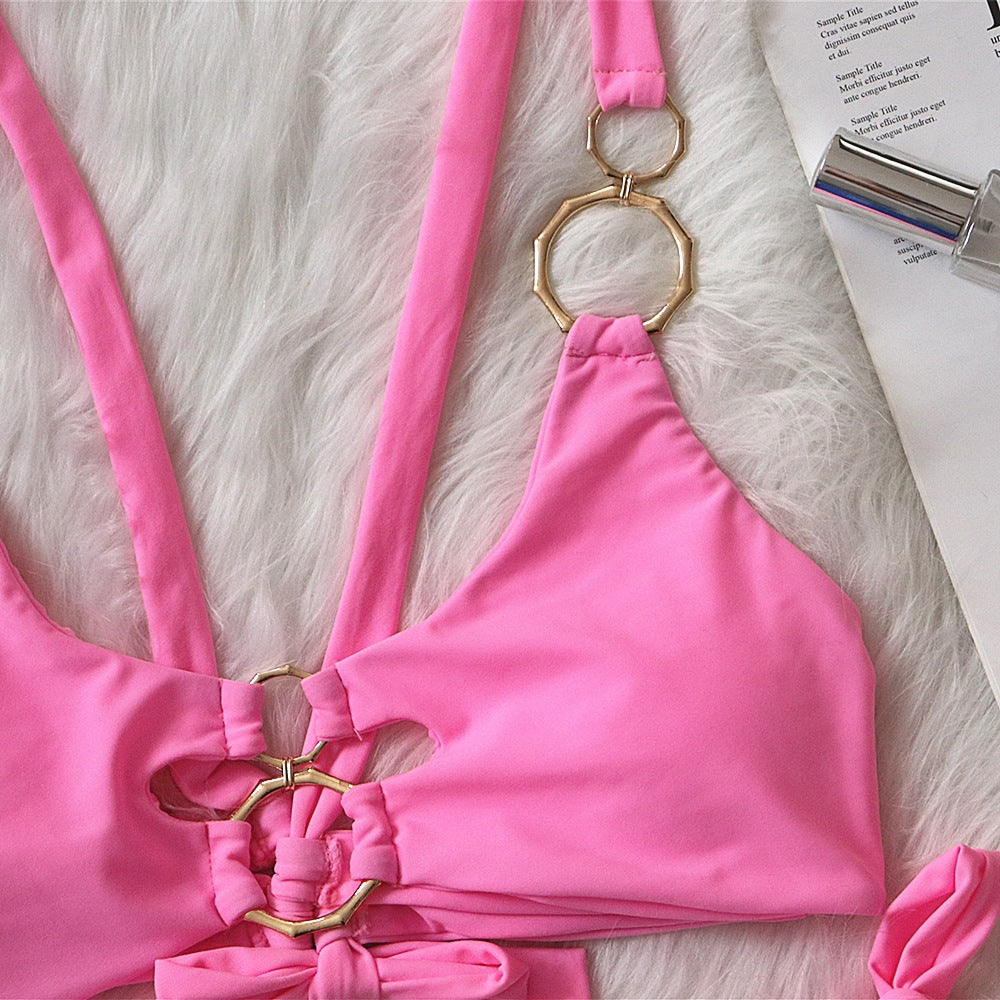 Solid Color Bandage Female Split Swimsuit Hollow Metal Accessories