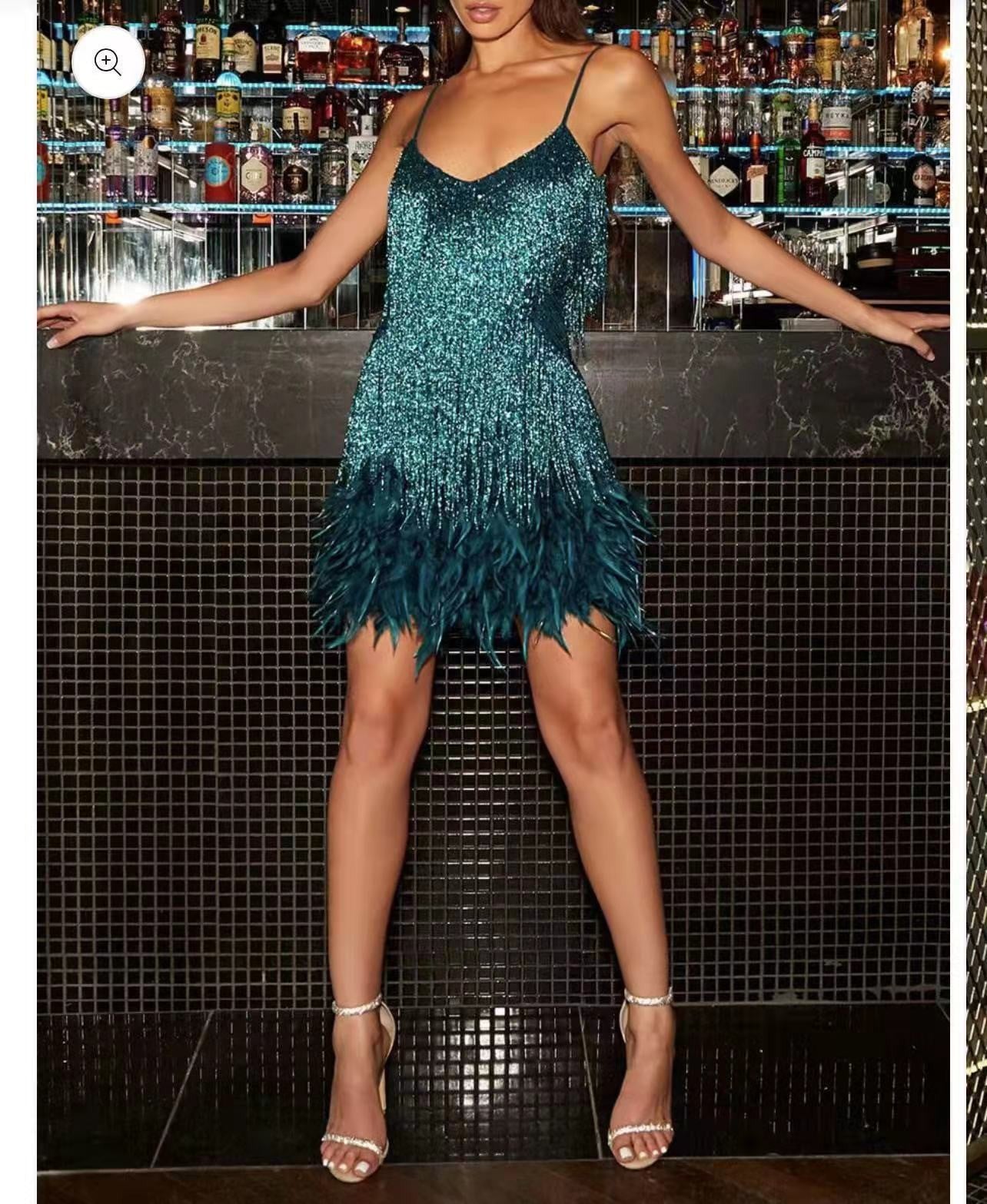 Sexy Tassel Sequins Feather Summer Mini Dress Women V Neck Spaghetti Strap Stitching Dresses Female Elegant Evening Party Club Dress - Zalixer