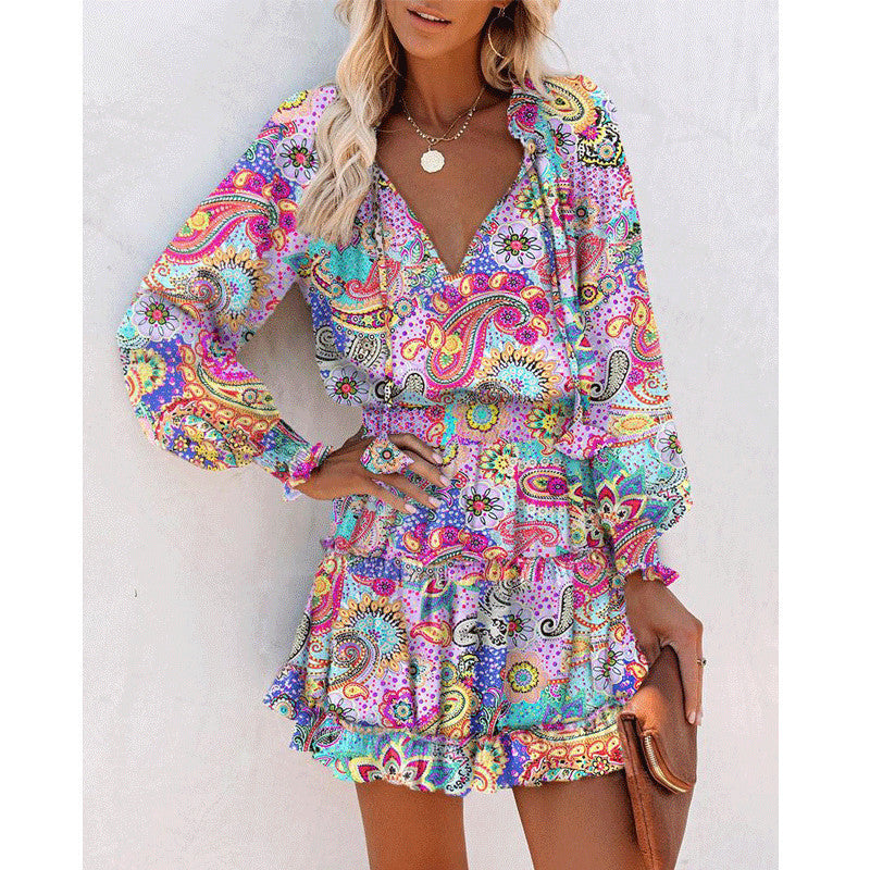 Flowers Print Long Sleeve Dress Fashion Patchwork Puff Sleeve Waist Dresses Women's Clothing - Zalixer
