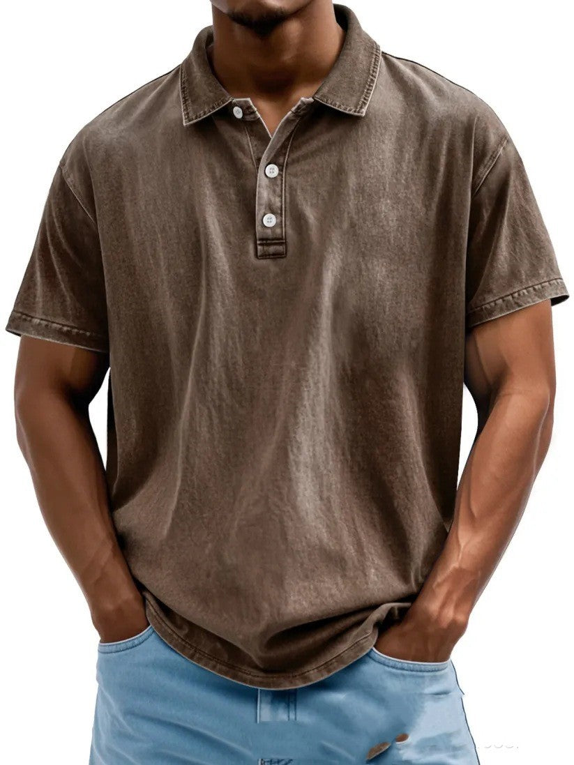 Men's Fashion Retro Washed Distressed Cotton Lapel Short Sleeve