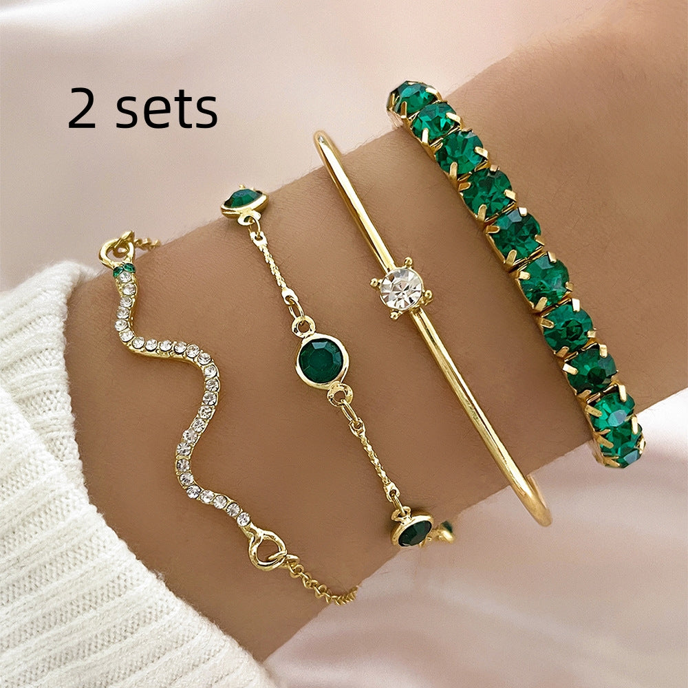 4pcs Bracelet Suit Fashion Green Grandmother Diamond Stretch Bracelet Women's Set - Zalixer