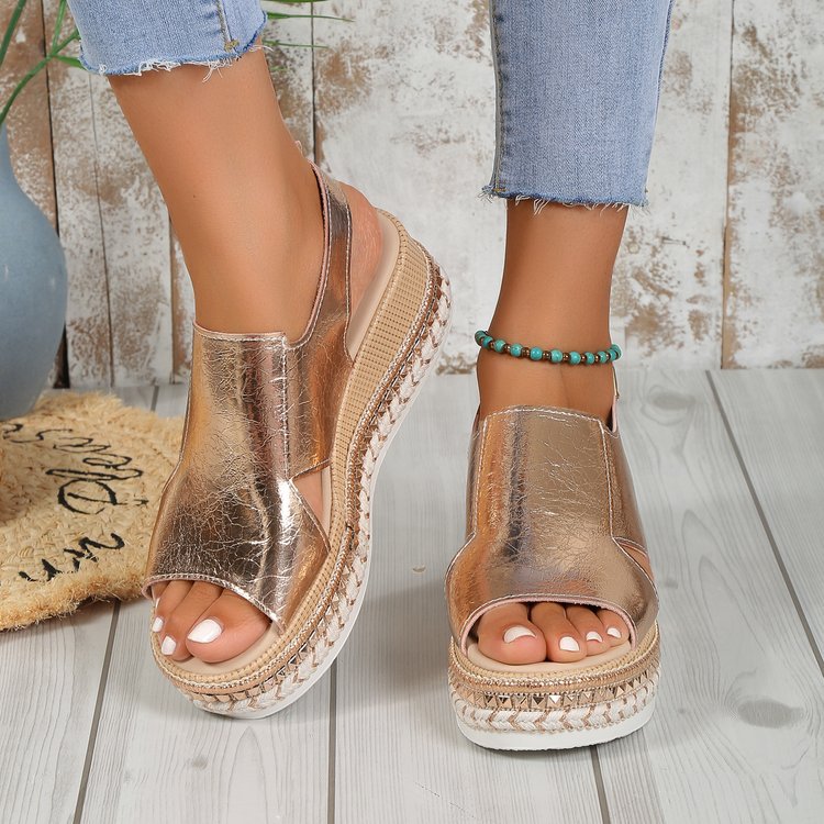 Summer Shiny Sandals Hollow Design Fish Mouth Sandal For Women Fashion Buckle Wedges Shoes - Zalixer