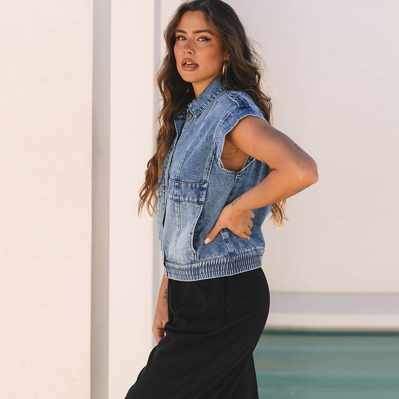 Denim Women's Single-breasted Lapel Short Sleeve Vest Coat - Zalixer