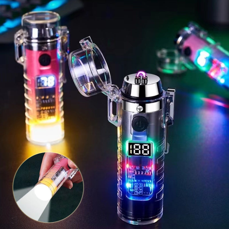 Transparent Shell Dual Arc USB Charging Lighter Outdoor Waterproof LED Colorful Light Power Display Illumination Light Gadget