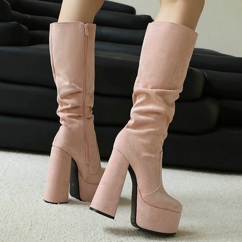 Womens Stretch Suede Waterproof Thick-soled High Heels - Zalixer