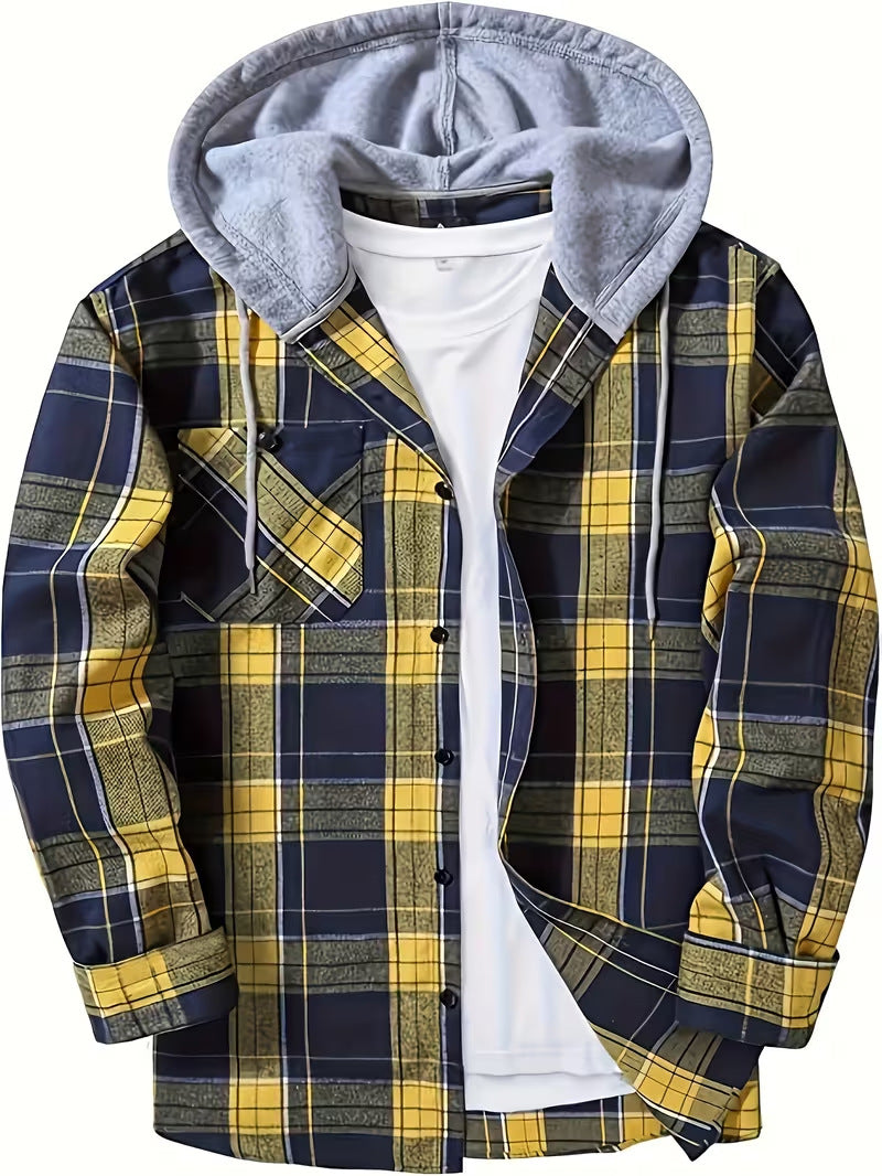 New Mens Long-sleeve Plaid Hoodie Shirt