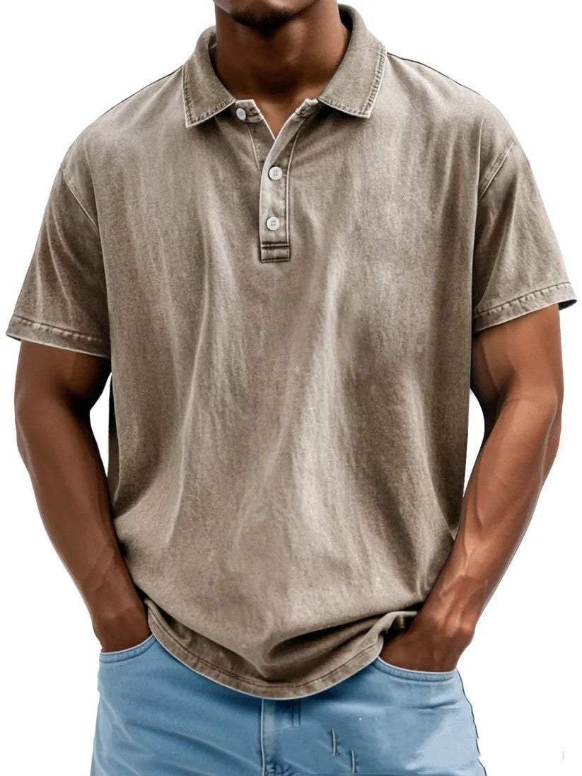 Men's Fashion Retro Washed Distressed Cotton Lapel Short Sleeve
