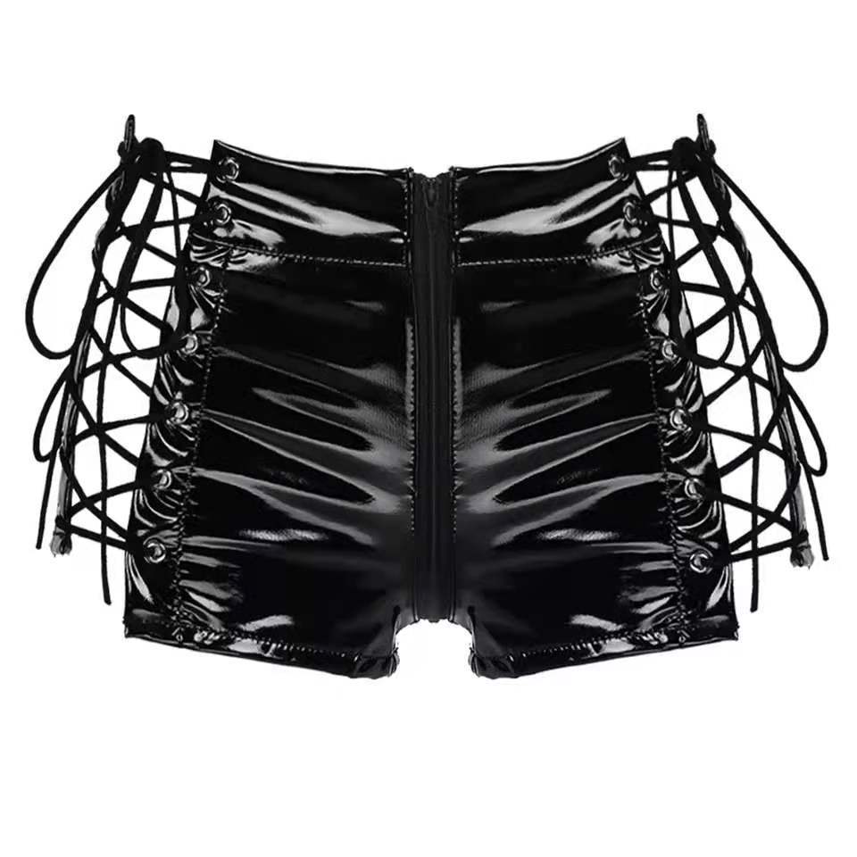 Women's High Shine PVC Patent Leather Zip Shorts - Zalixer