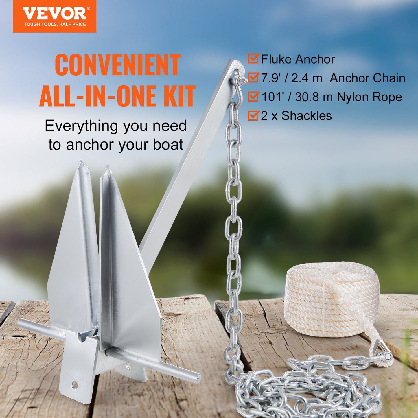 VEVOR Fluke Style Anchor Kit, 13 LBS Hot-Dipped Galvanized Steel Fluke Anchor, Marine Boat Anchor For Small Vessels Under 30', Seas, Rivers And Shores